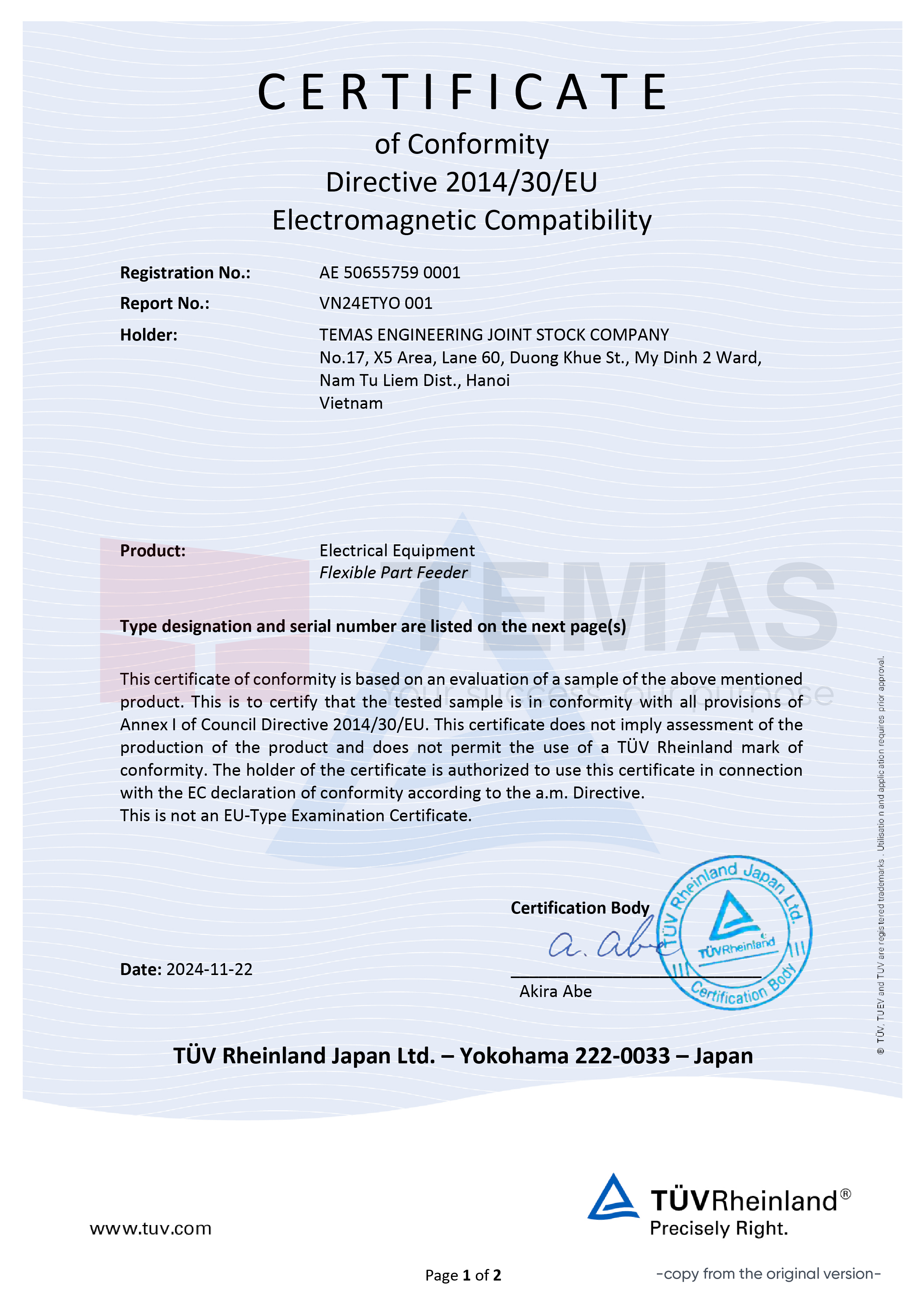 CE Certificate for [/br] TMF 3D Flexible Feeder